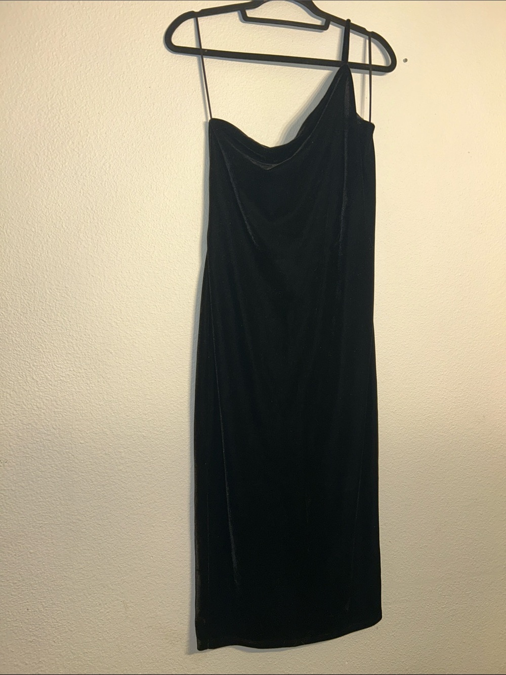 Velvet Cowl Neck One Shoulder Black Slip Dress with Spaghetti Straps